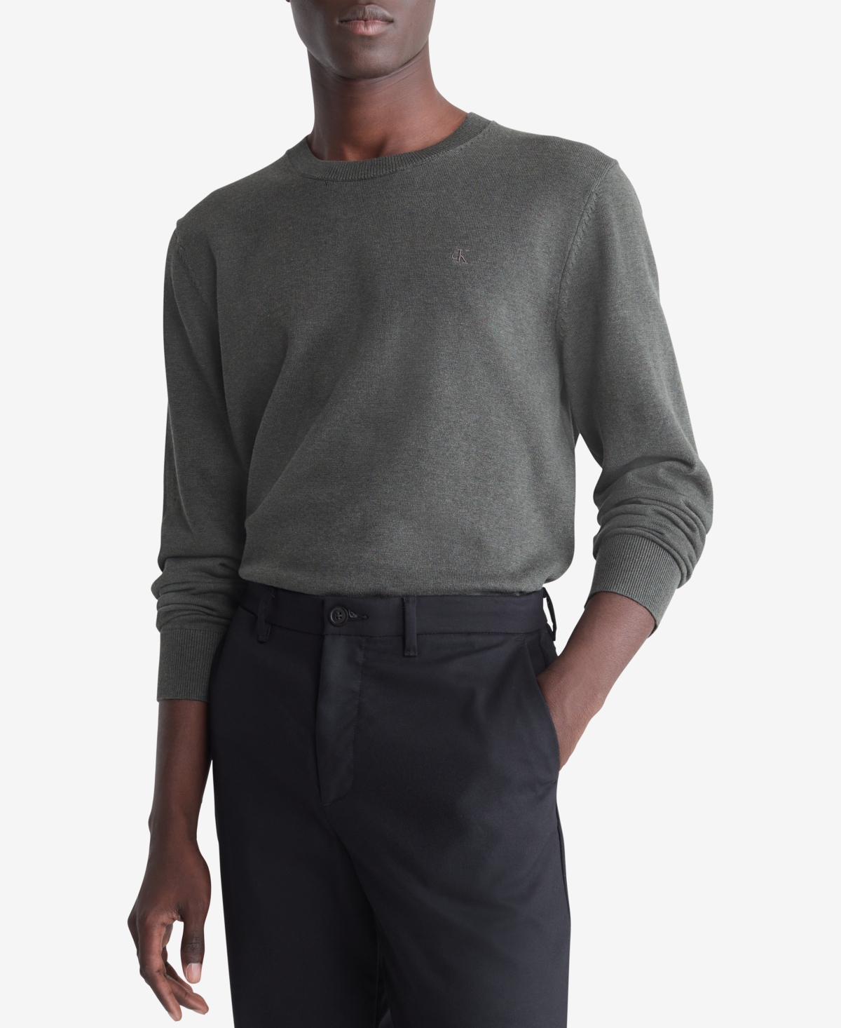 Calvin Klein Men's Smooth Cotton Monogram Logo Sweater In Beluga Heather