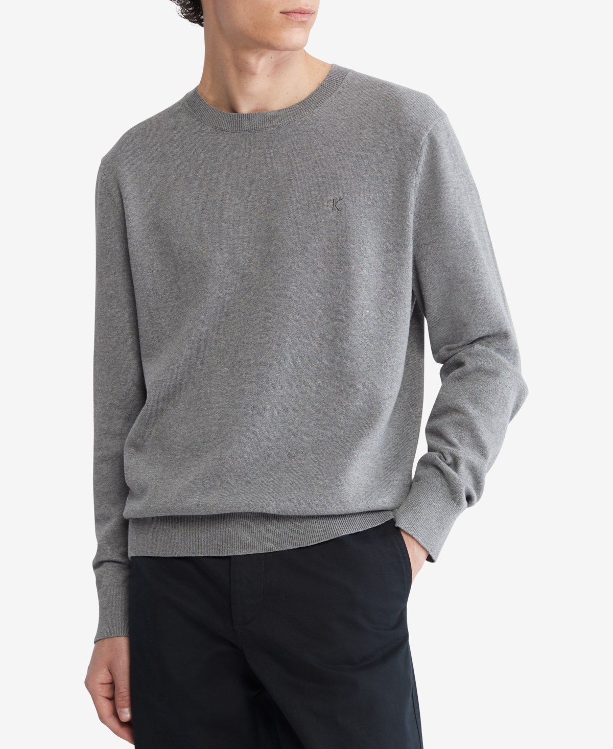 Calvin Klein Men's Smooth Cotton Monogram Logo Sweater In Medium Grey Heather