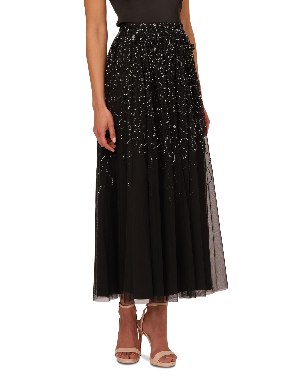1920s Skirts, Gatsby Skirts, Vintage Pleated Skirts Adrianna Papell Womens Beaded Mesh Midi Skirt - Blackgunmetal $149.00 AT vintagedancer.com