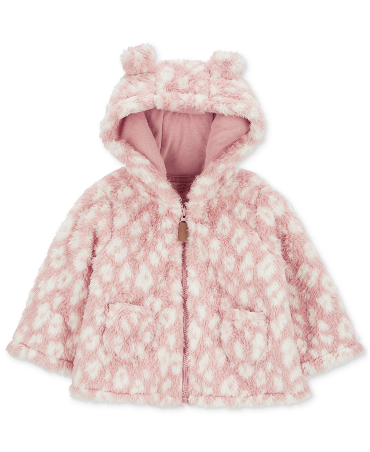 Carter's Baby Girls Leopard-print Faux-sherpa Hooded Cardigan In Pink