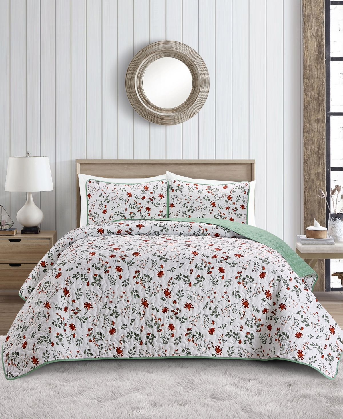 Videri Home Floral Botanical 3 Piece Quilt Set, Full-queen In Green Multi