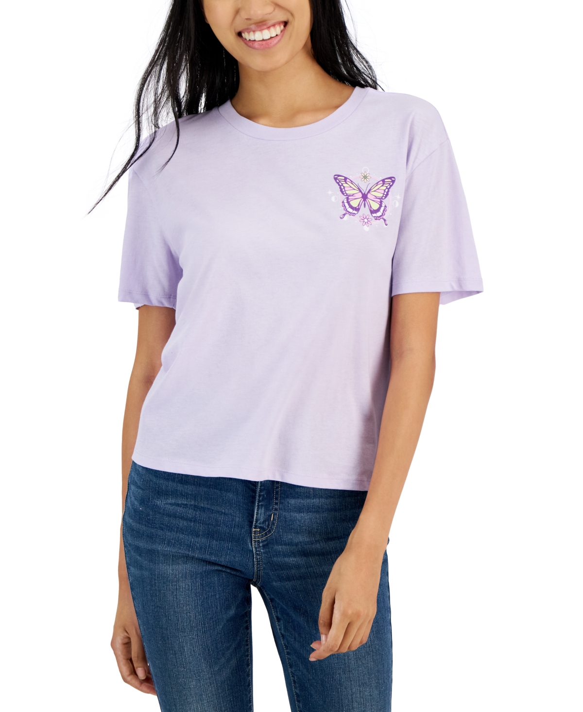 Rebellious One Juniors' Butterfly Happy Daze Graphic T-shirt In Orchid Petal