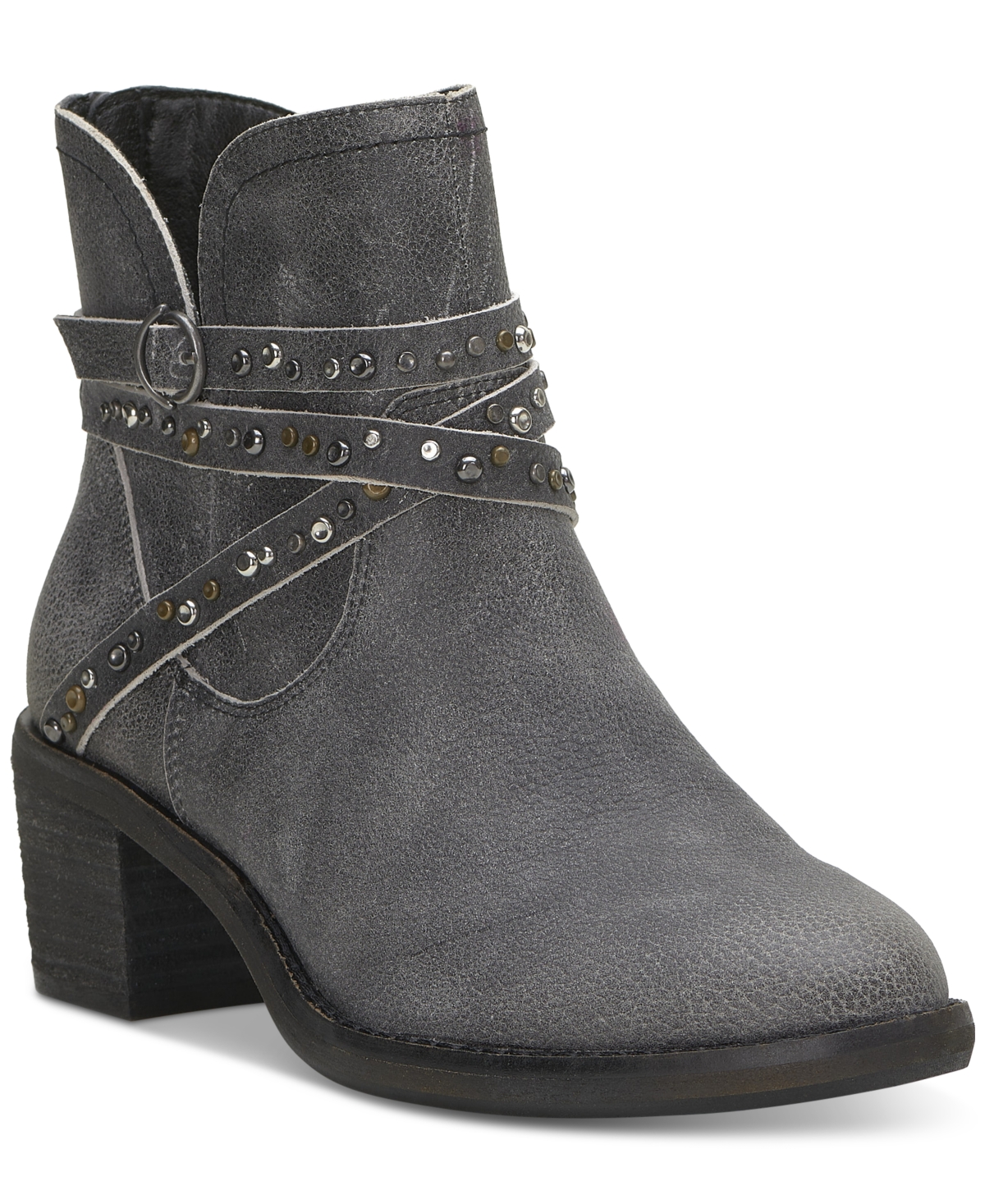 Women's Callam Studded Strap Block-Heel Booties - Charcoal Leather