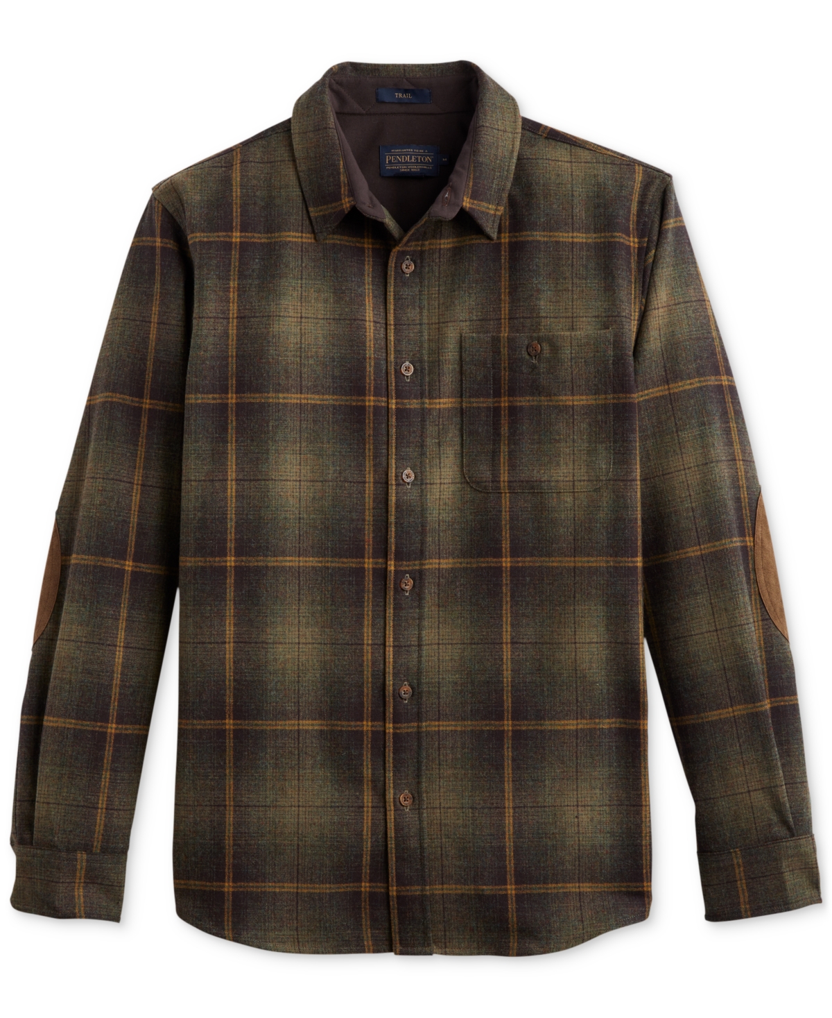 PENDLETON MEN'S TRAIL PLAID BUTTON-DOWN WOOL SHIRT WITH FAUX-SUEDE ELBOW PATCHES