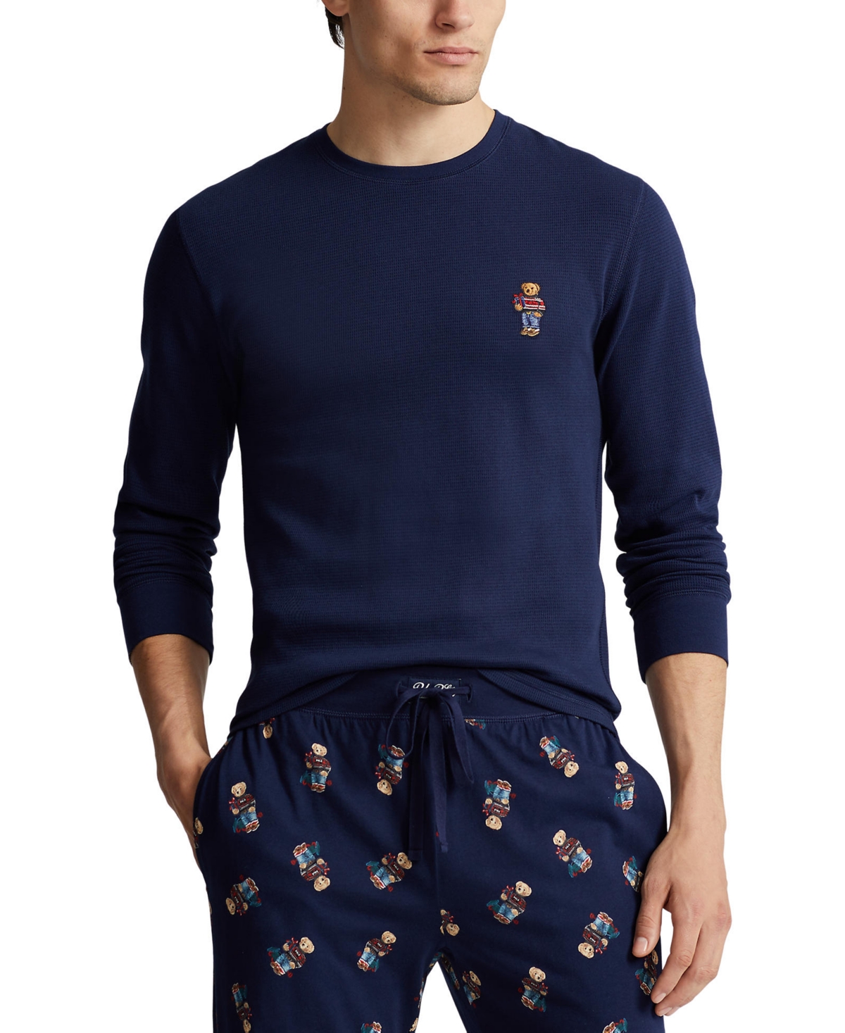 Polo Ralph Lauren Men's Bear Waffle-knit Thermal Sleep Shirt In Cruise Navy  Holiday Bear