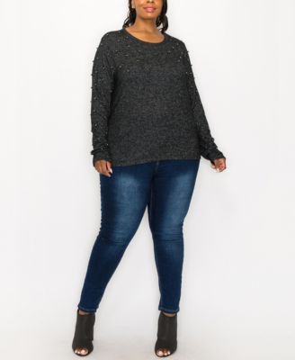 Plus Size Long Sleeve Pullover Top with Gunmetal Studs