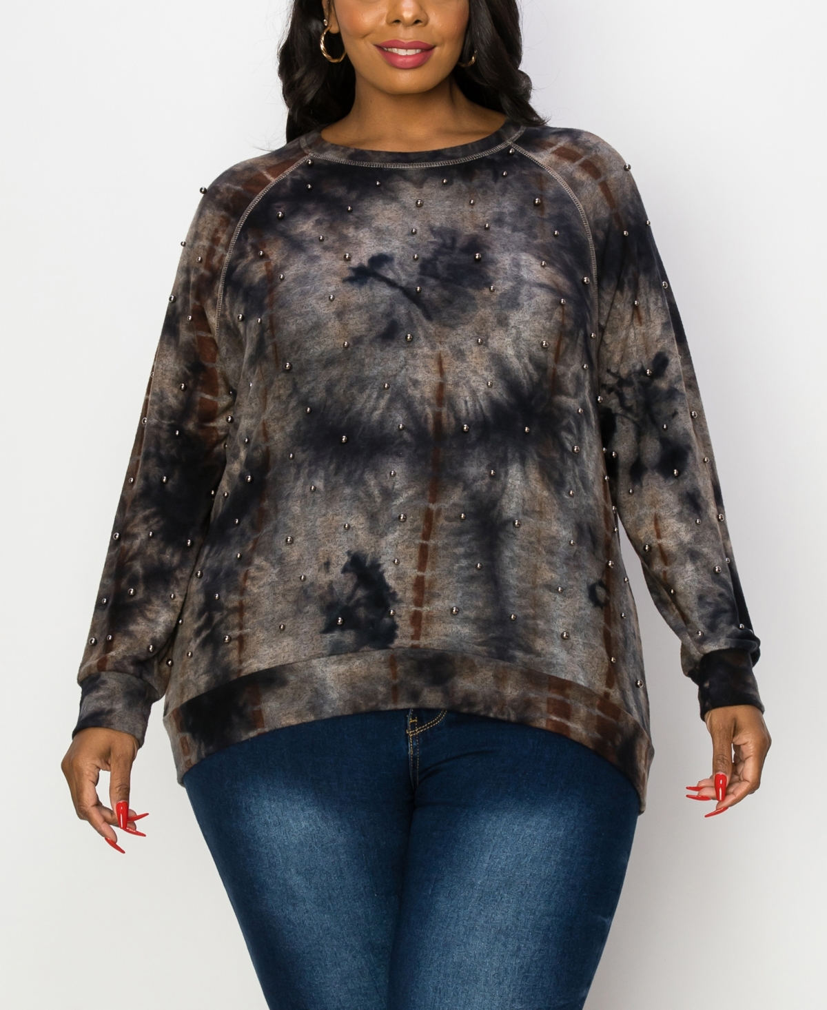 Plus Size Cozy Long Sleeve Pullover Top with Gunmetal Studs - Navy Brown