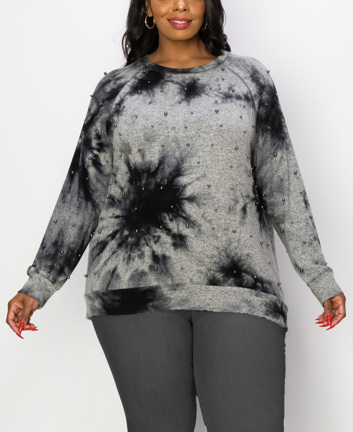 Coin 1804 Plus Size Cozy Long Sleeve Pullover Top With Gunmetal Studs In Gray Black