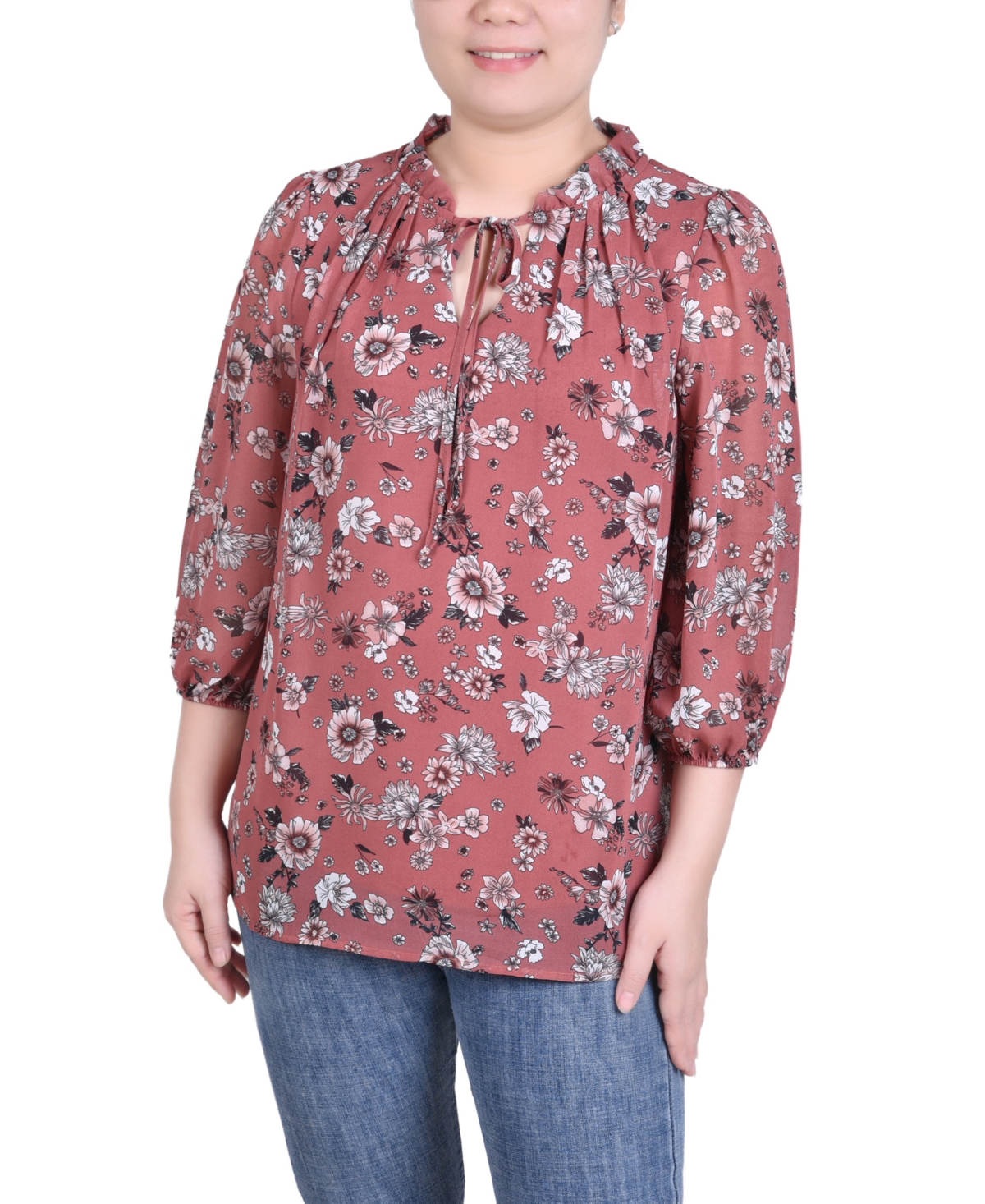 Ny Collection Petite 3/4 Sleeve Chiffon Blouse In Black Mauve