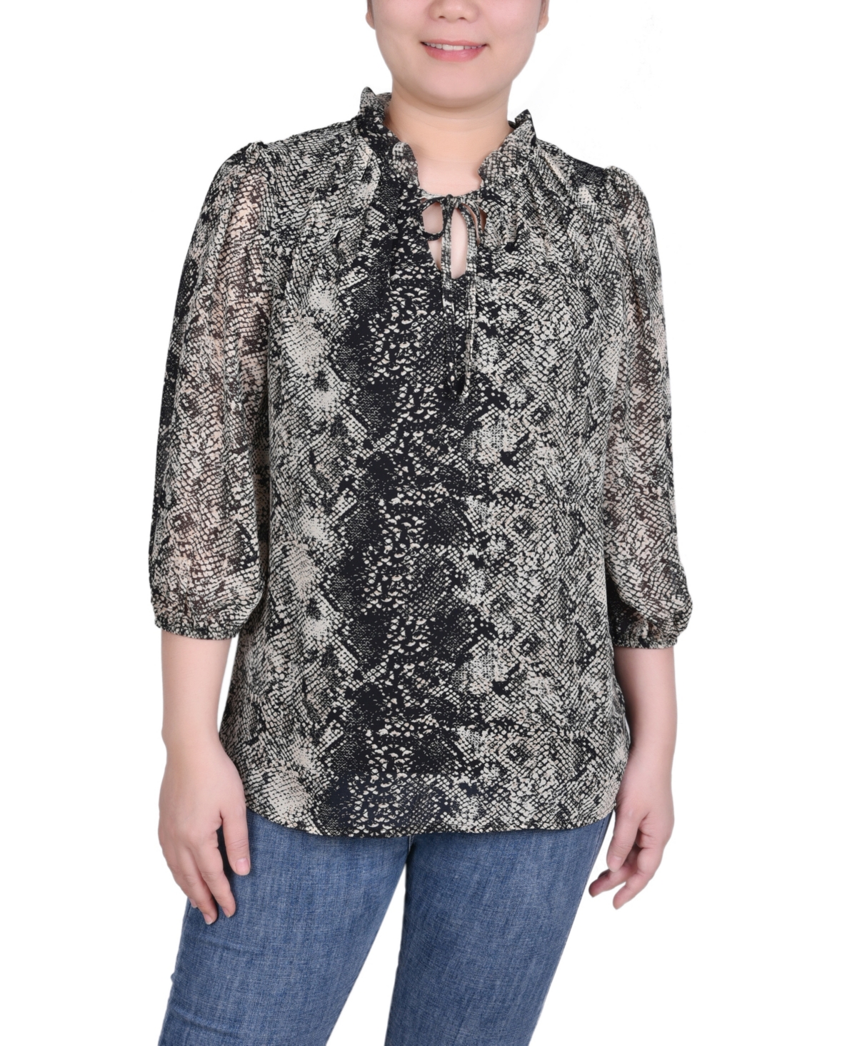 Ny Collection Petite 3/4 Sleeve Chiffon Blouse In Black Snakeskin