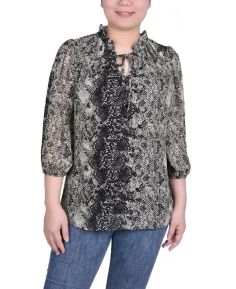 Petite 3/4 Sleeve Chiffon Blouse - Black Snakeskin