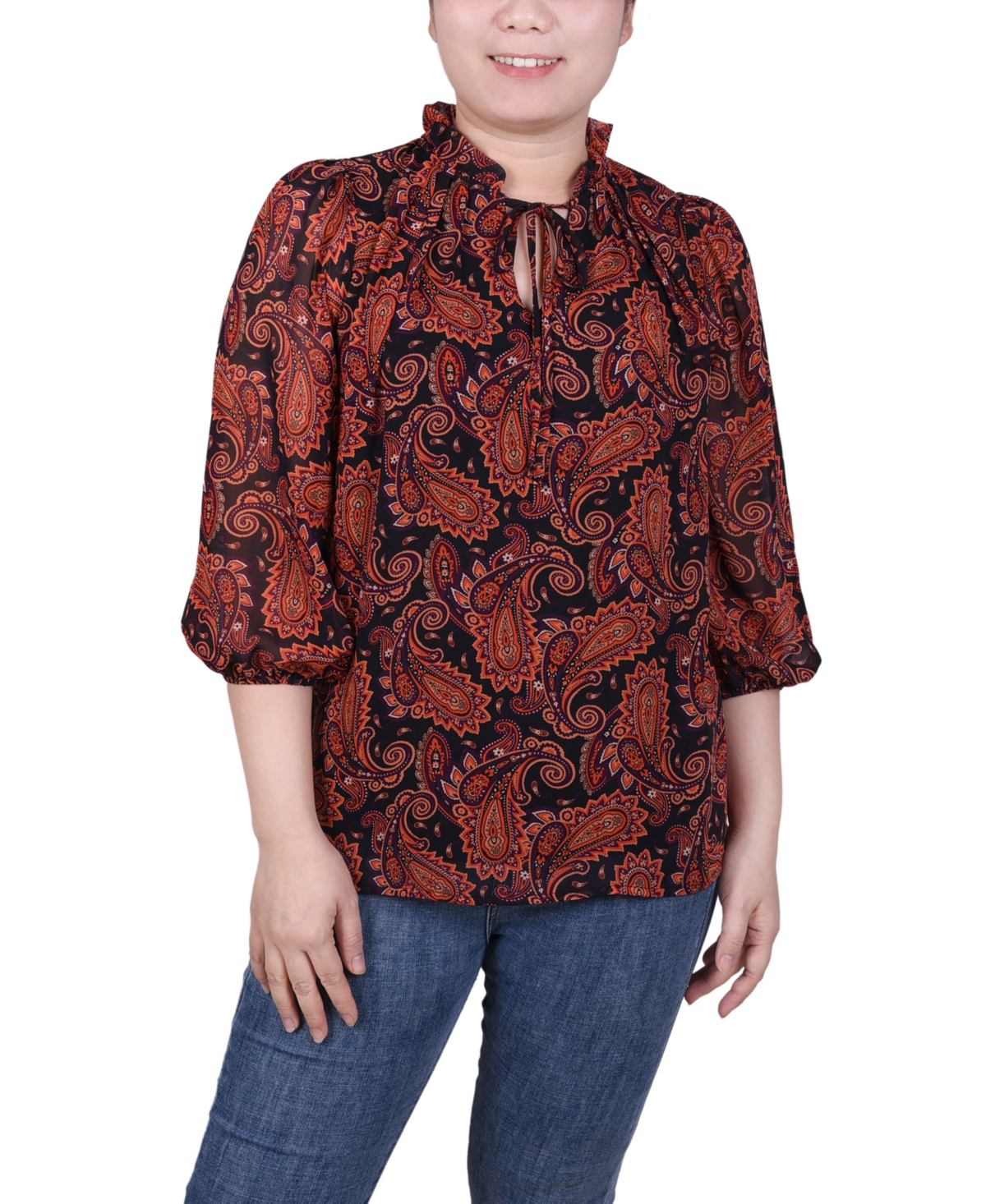 Ny Collection Petite 3/4 Sleeve Chiffon Blouse In Rust Black Paisley