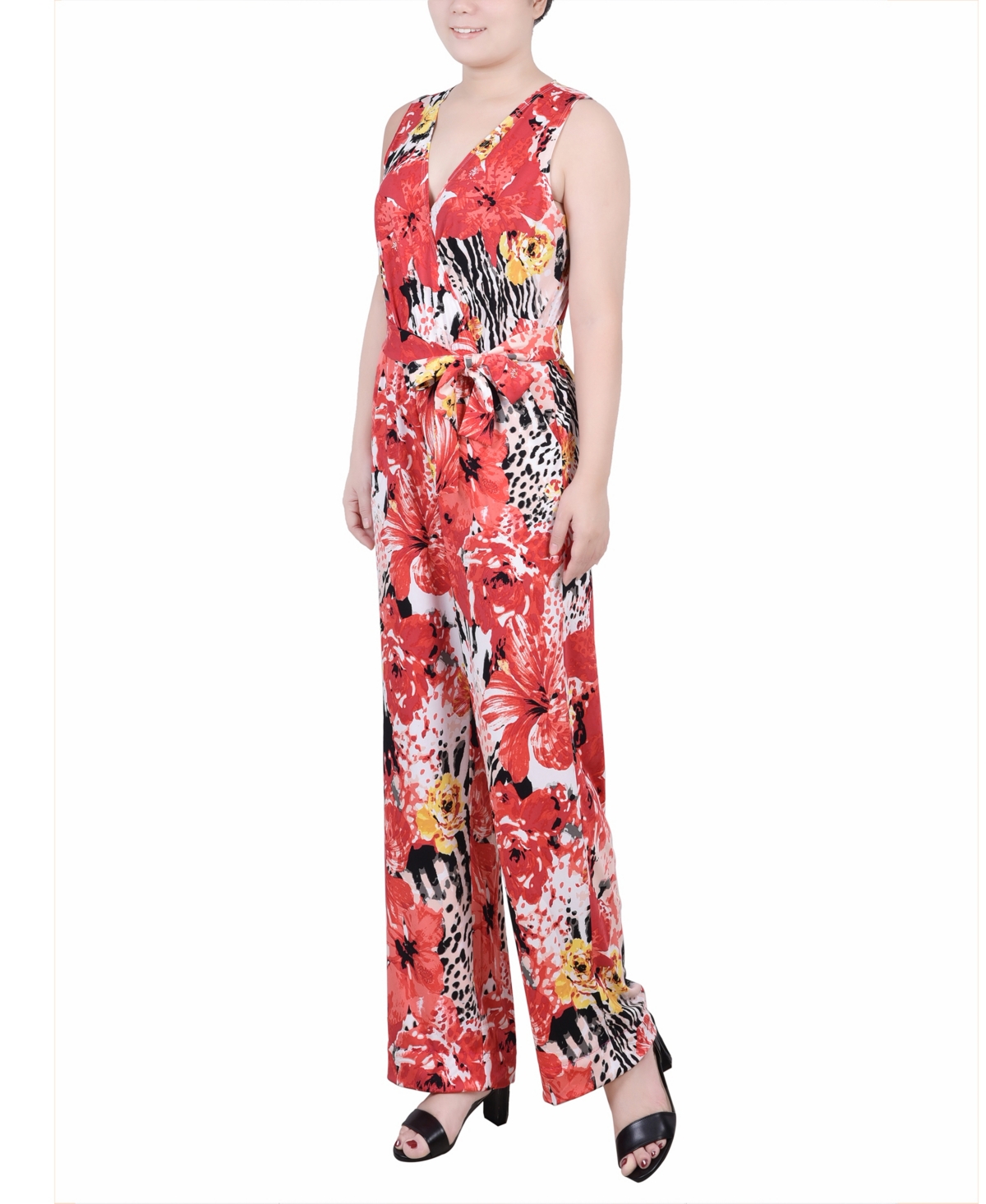 Ny Collection Petite Sleeveless Belted Jumpsuit In Tropical