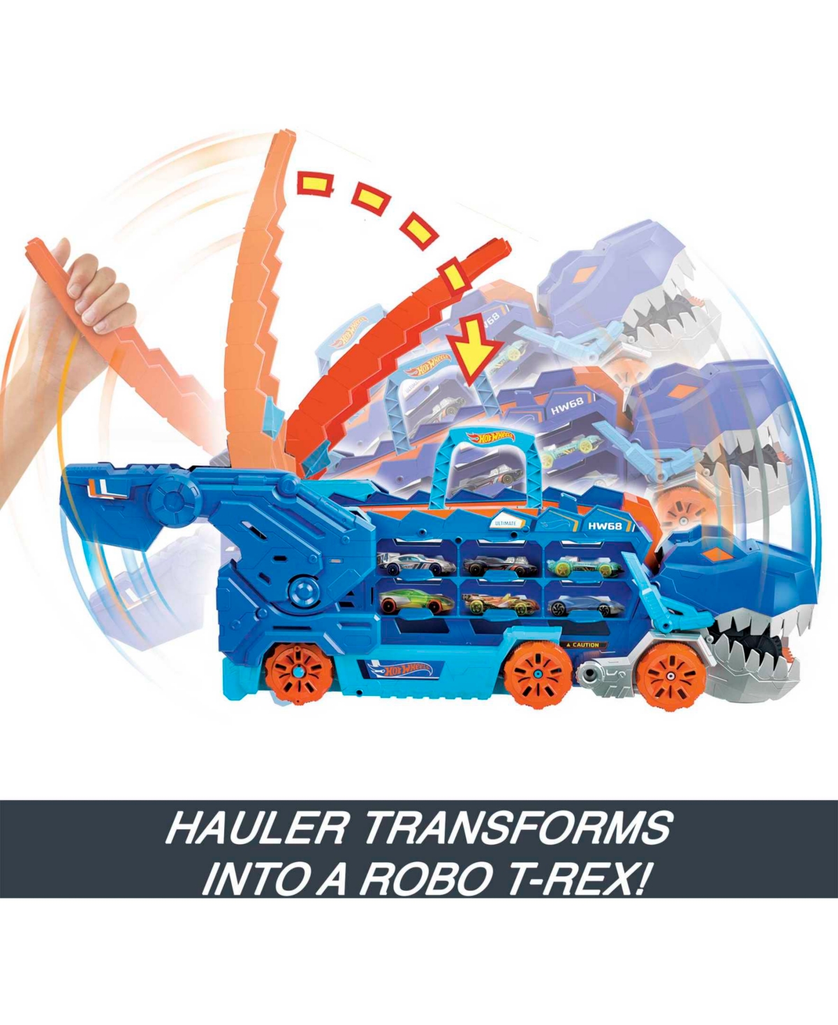 Hot Wheels City Ultimate Hauler, Transforms Into A T-Rex with Race Track, Stores 20 Plus Cars - Multi-Color