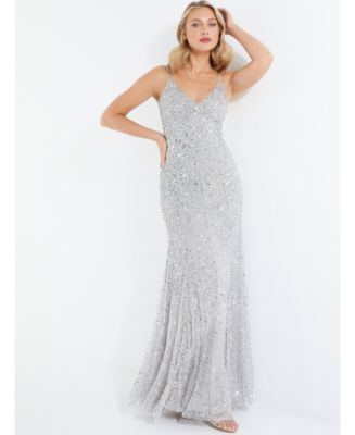QUIZ Women's Silver Beaded Fishtail Maxi Dress - Macy's