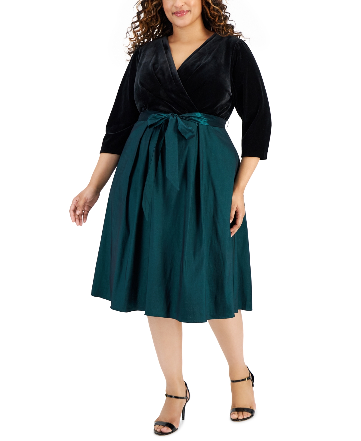 Alex Evenings Plus Size Surplice-neck Mixed-media Dress In Black,emerald