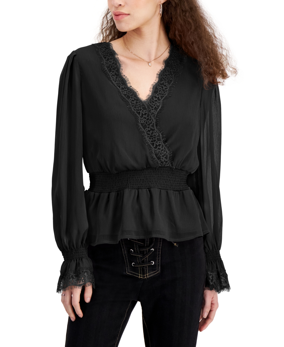 Self Esteem Juniors' Lace-trim Bell-sleeve Peasant Top In Black