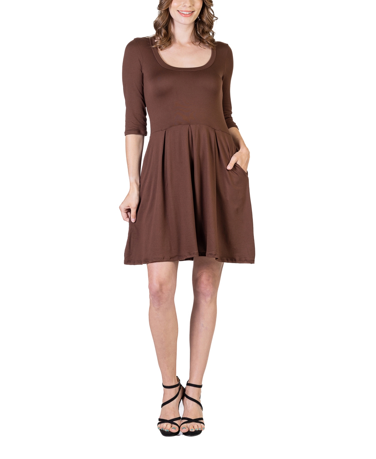24seven Comfort Apparel Women's Three Quarter Sleeve Mini Dress In Brown