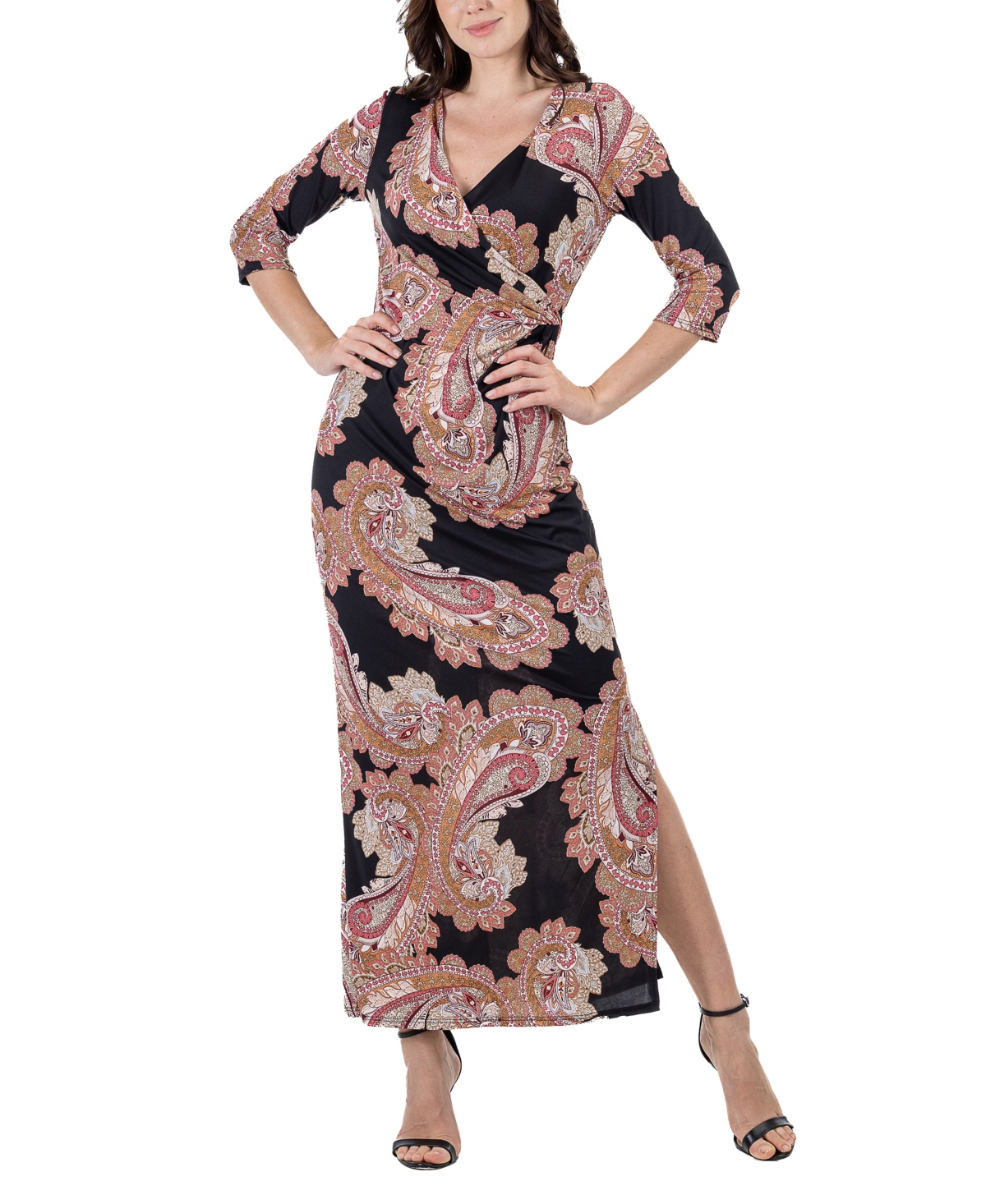 24seven Comfort Apparel Women's Paisley Sleeve Side Slit Maxi Dress In Rose Multi