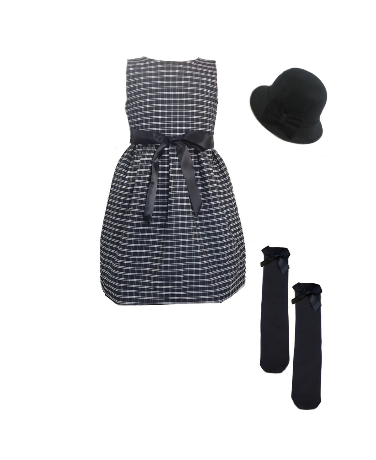 Mi Amore Gigi Toddler, Child Girls Plaid Dress And Sock Set With Hat In Black And White