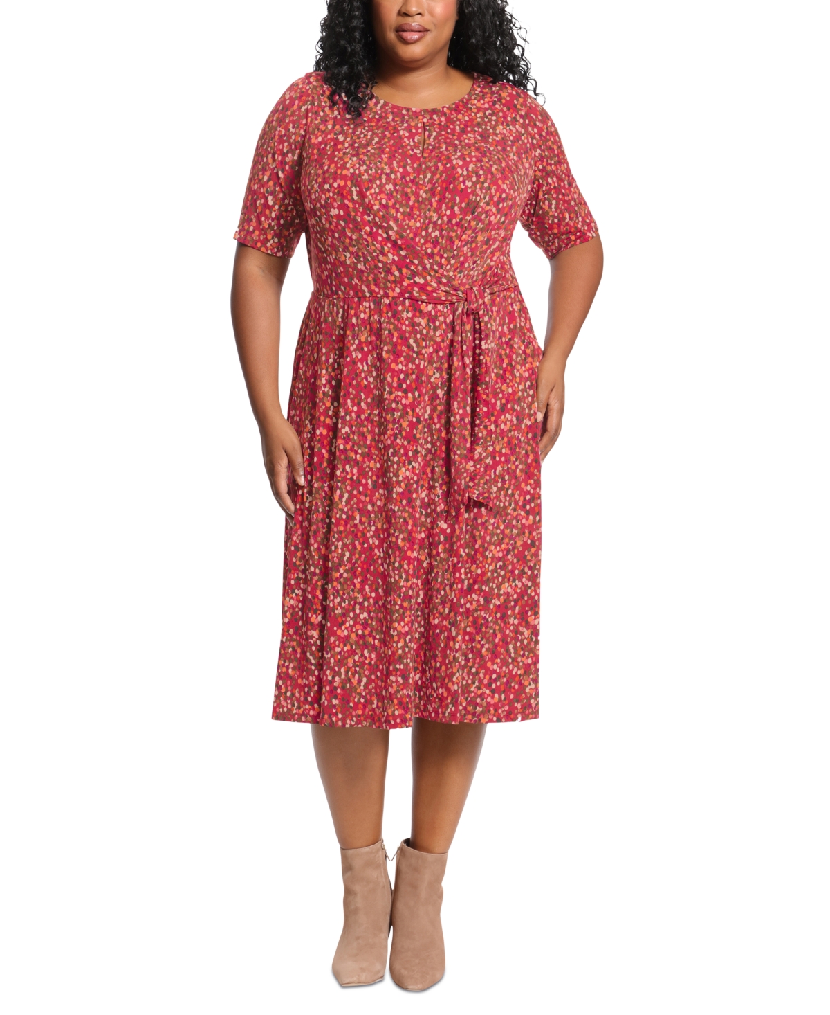 London Times Plus Size Keyhole-front Midi Dress In Red