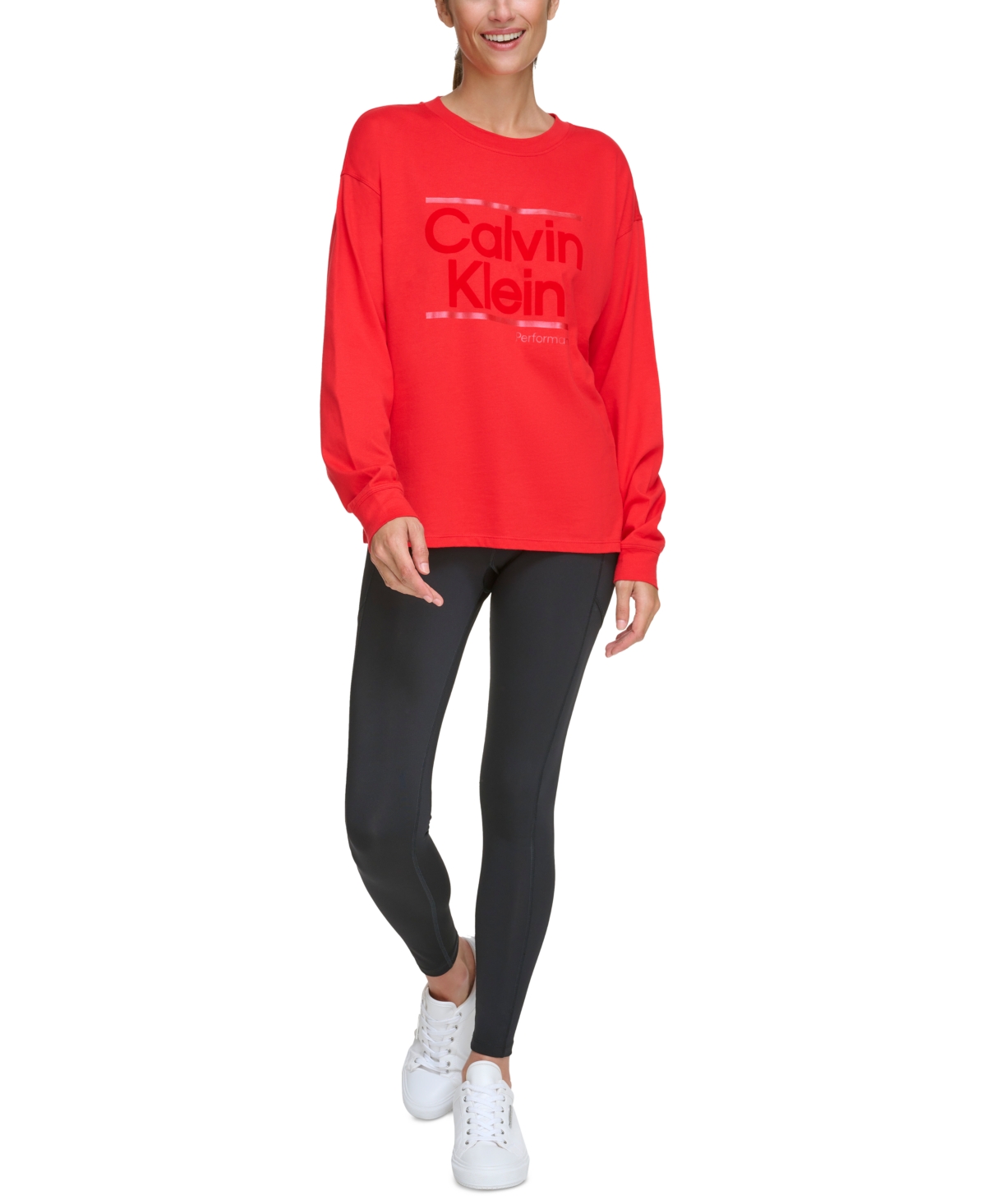 Calvin Klein Performance Women's Metallic Logo Crewneck Long-sleeve Cotton T-shirt In Chinese Red