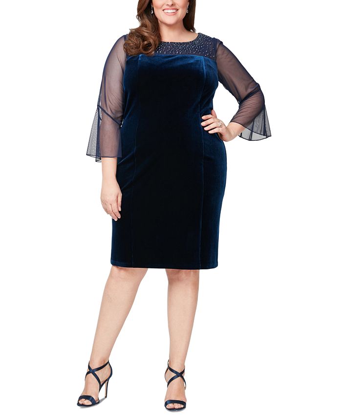 Alex Evenings Plus Size Velvet Beaded Yoke Sheer Sleeve Sheath