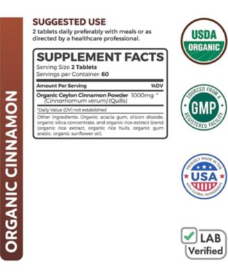 Organic Ceylon Cinnamon Tablets, Cinnamon Supplements for Energy, Heart, and Metabolism Support, Healths Harmony, 120ct
