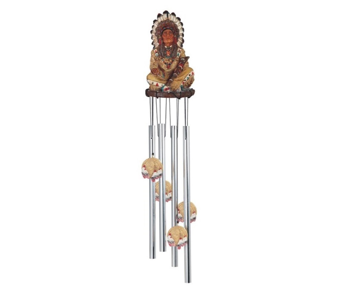 23" Long Indian Chief Round Top Wind Chime Native American - Silver