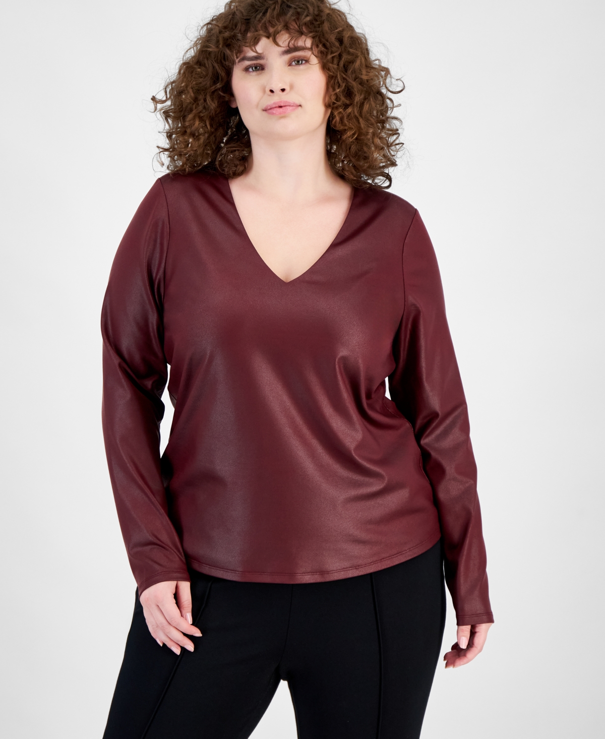 Bar Iii Plus Size Coated Long-sleeve V-neck Top, Created For Macy's In Marooned