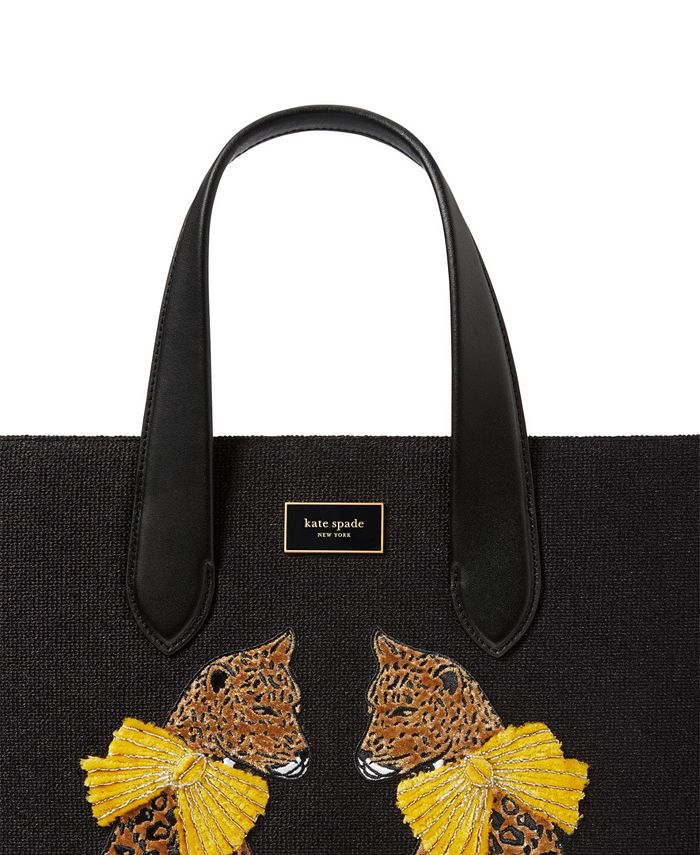 Kate Spade New York Manhattan Lady Leopard Embroidered Fabric Large Tote - Black Multi.