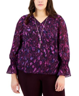 JM Collection - Plus Size Glam Animal-Print Smocked-Sleeve Necklace Top