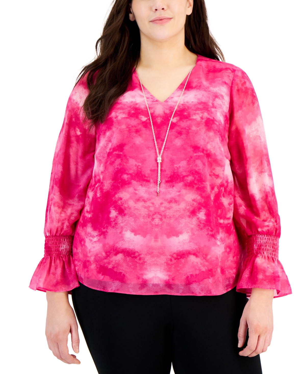 Jm Collection Plus Size New Year Dye Smocked-sleeve Necklace Top, Created For Macy's In Divineberry Combo