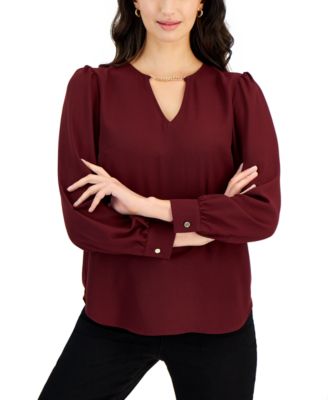 Nine West - Women's Chin-Trim V-Neck Long-Sleeve Top