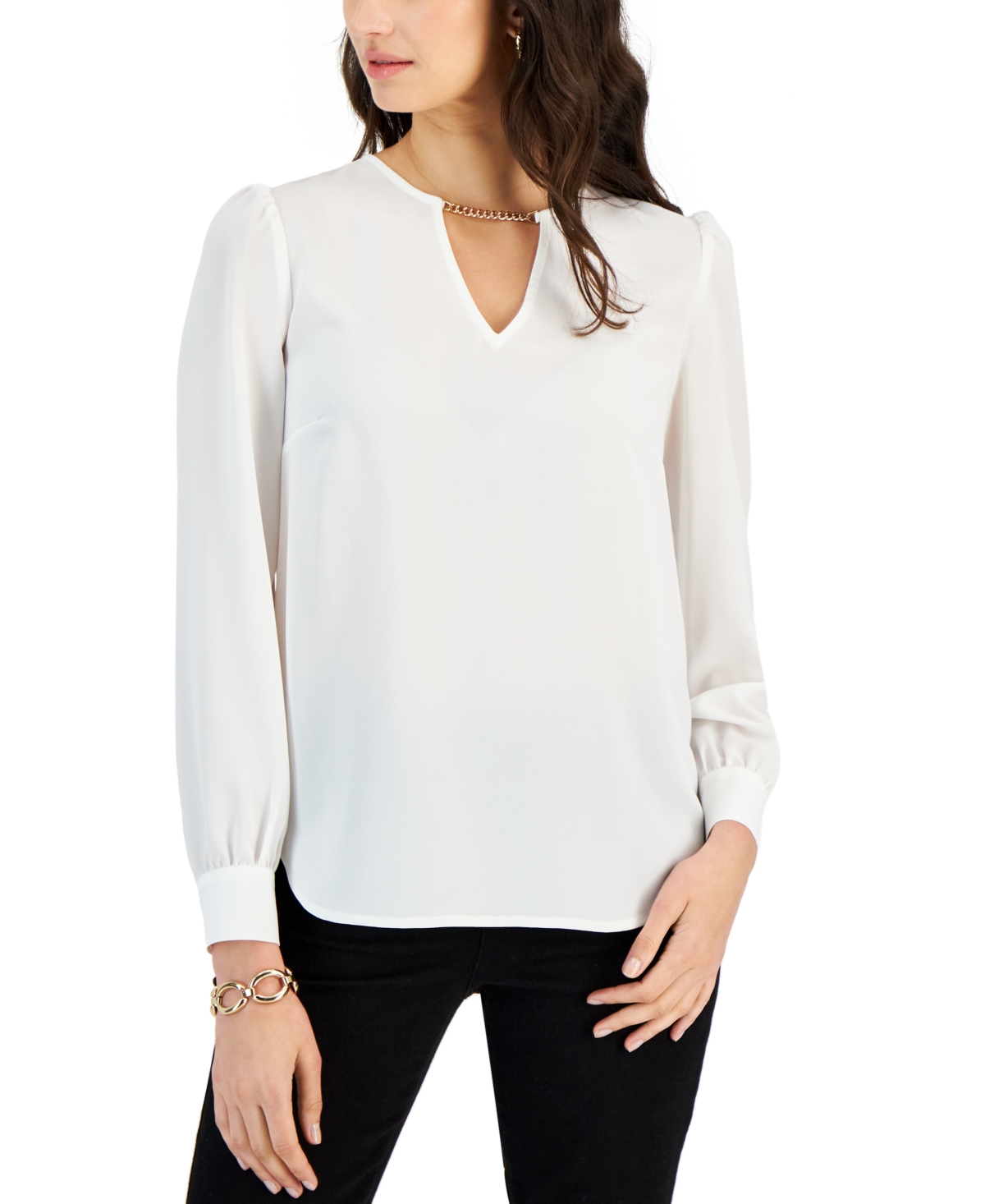 Nine West Women's Chain-trim V-neck Long-sleeve Top In Lily White