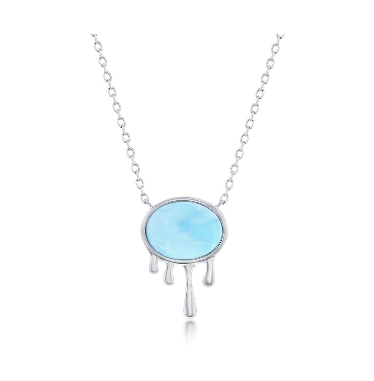Sterling Silver Oval Larimar, Dripping Design Necklace - Blue