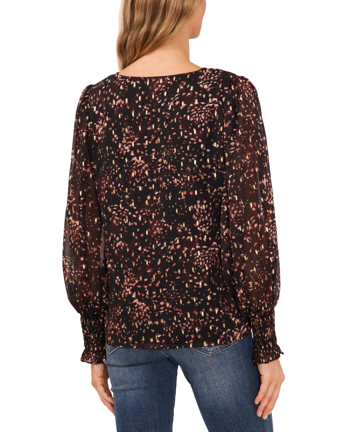 CeCe Women's Printed Long-Sleeve V-Neck Blouse