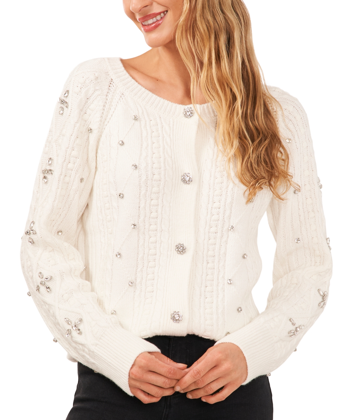 Cece Womens Embellished Cable Knit Cardigan Sweater In Antique White