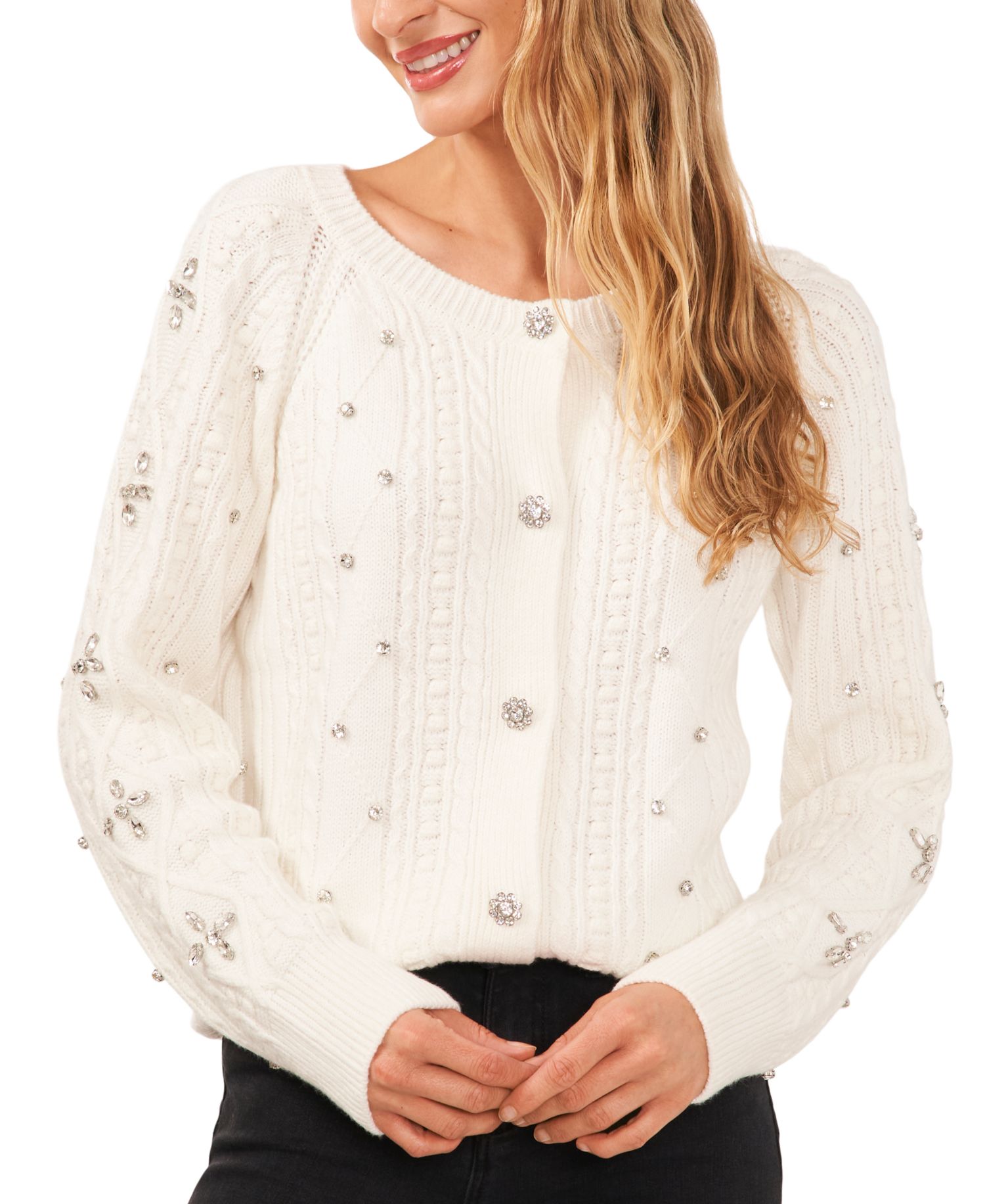 Women's Cable-Knit Rhinestone Cardigan