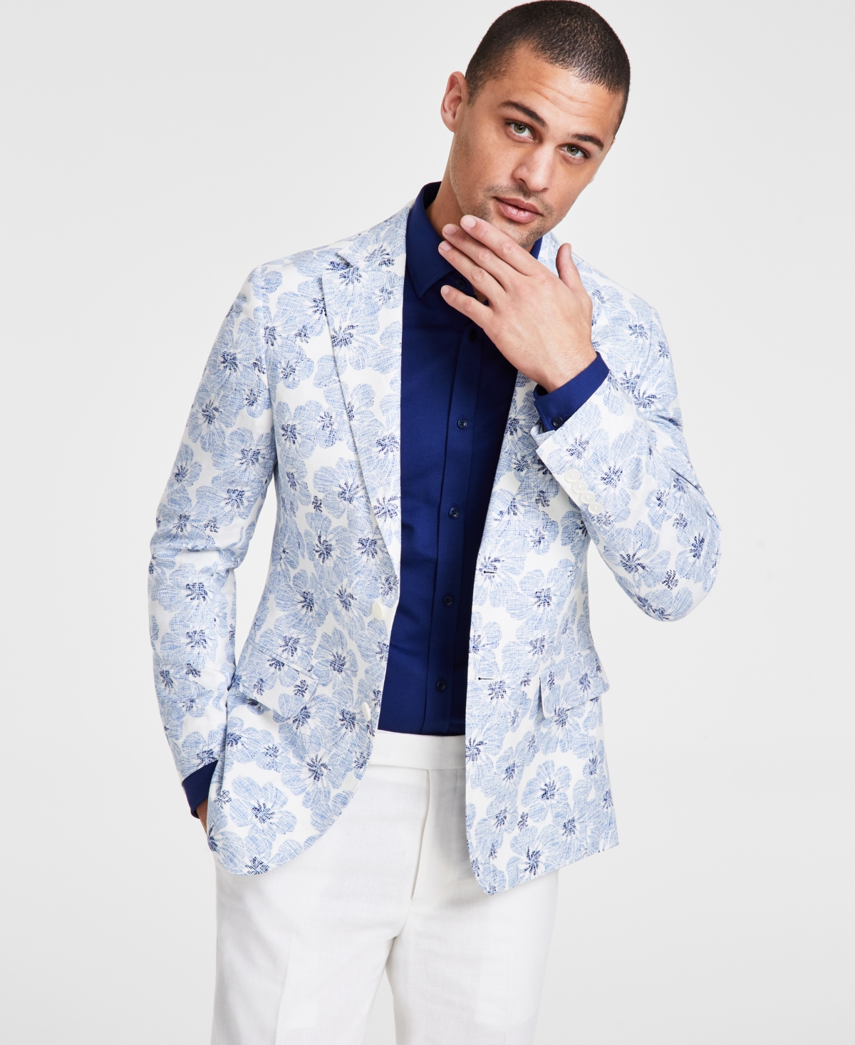 Men's Slim-Fit White Floral Sport Coat - Blue White