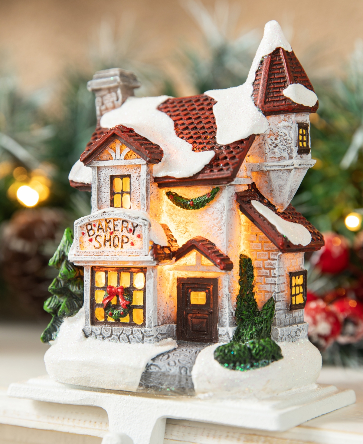 Glitzhome 6" H Set Of 3 Lighted Resin House Stocking Holder In Multi