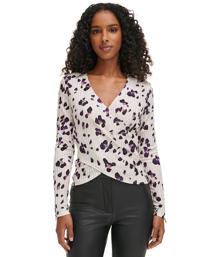 DKNY Women's Printed Ribbed SurpliceNeck Top Macy's