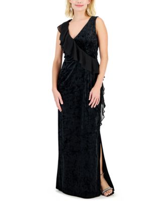 Connected - Petite V-Neck Ruffle-Trim Side-Slit Velvet Dress