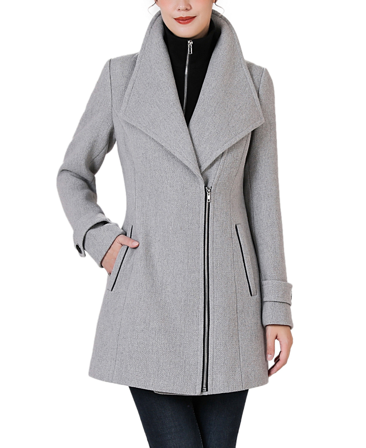 Kimi & Kai Women's Jane Asymmetric Zipper Boucle Wool Coat With Removable Bib In Gray