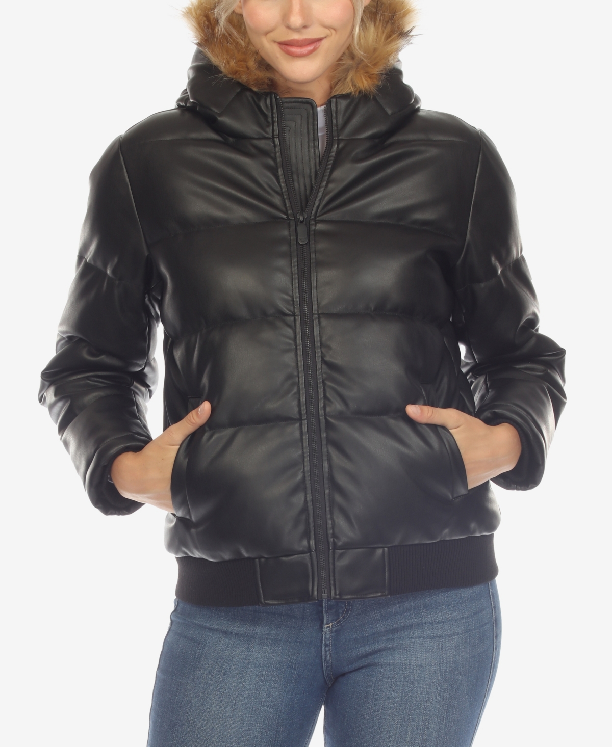 White Mark Women's Removable Furry Hoodie Bomber Leather Jacket In Black