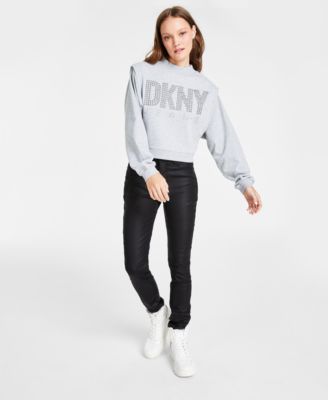 Womens Long Sleeve Studded Logo Sweatshirt Coated Denim Skinny Jeans