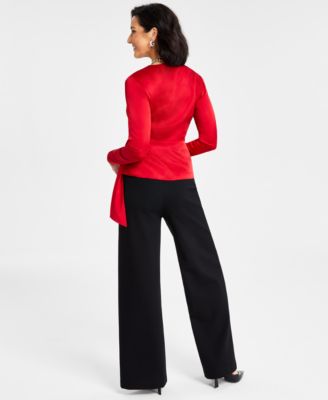 I.N.C. International Concepts Womens High Rise Wide Leg Pants Surplice Wrap  Long Sleeve Blouse Created For Macys