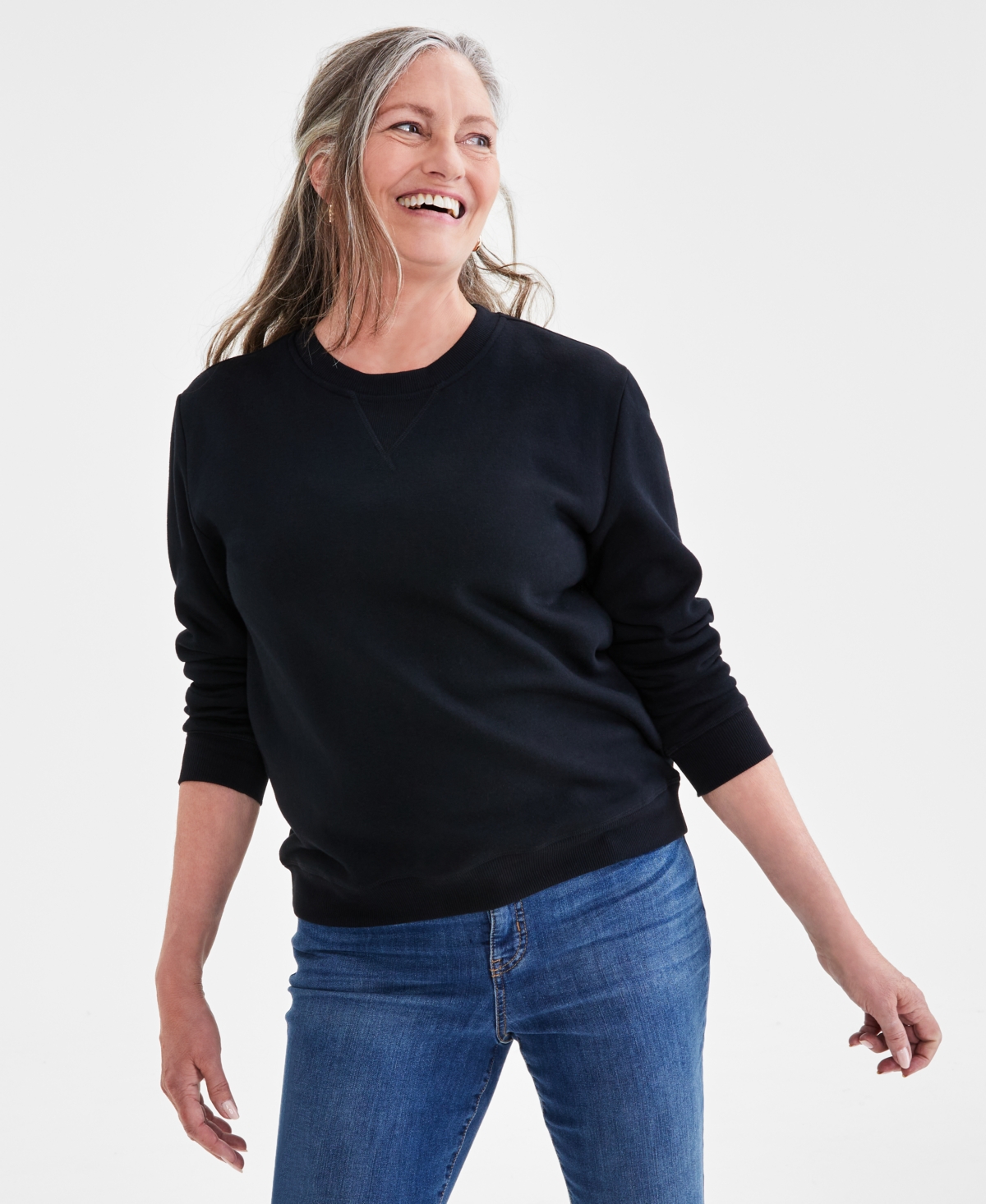 Style & Co Women's Long-sleeve Crewneck Sweatshirt, Created For Macy's In Deep Black