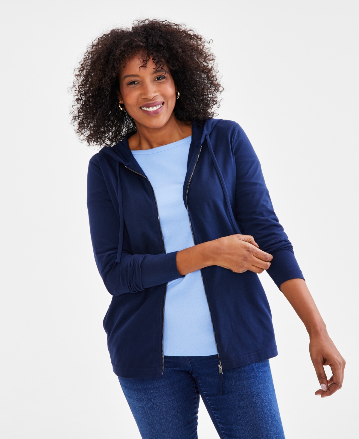 Style & Co Women's Zip-front Hooded Sweatshirt, Created For Macy's In Industrial Blue