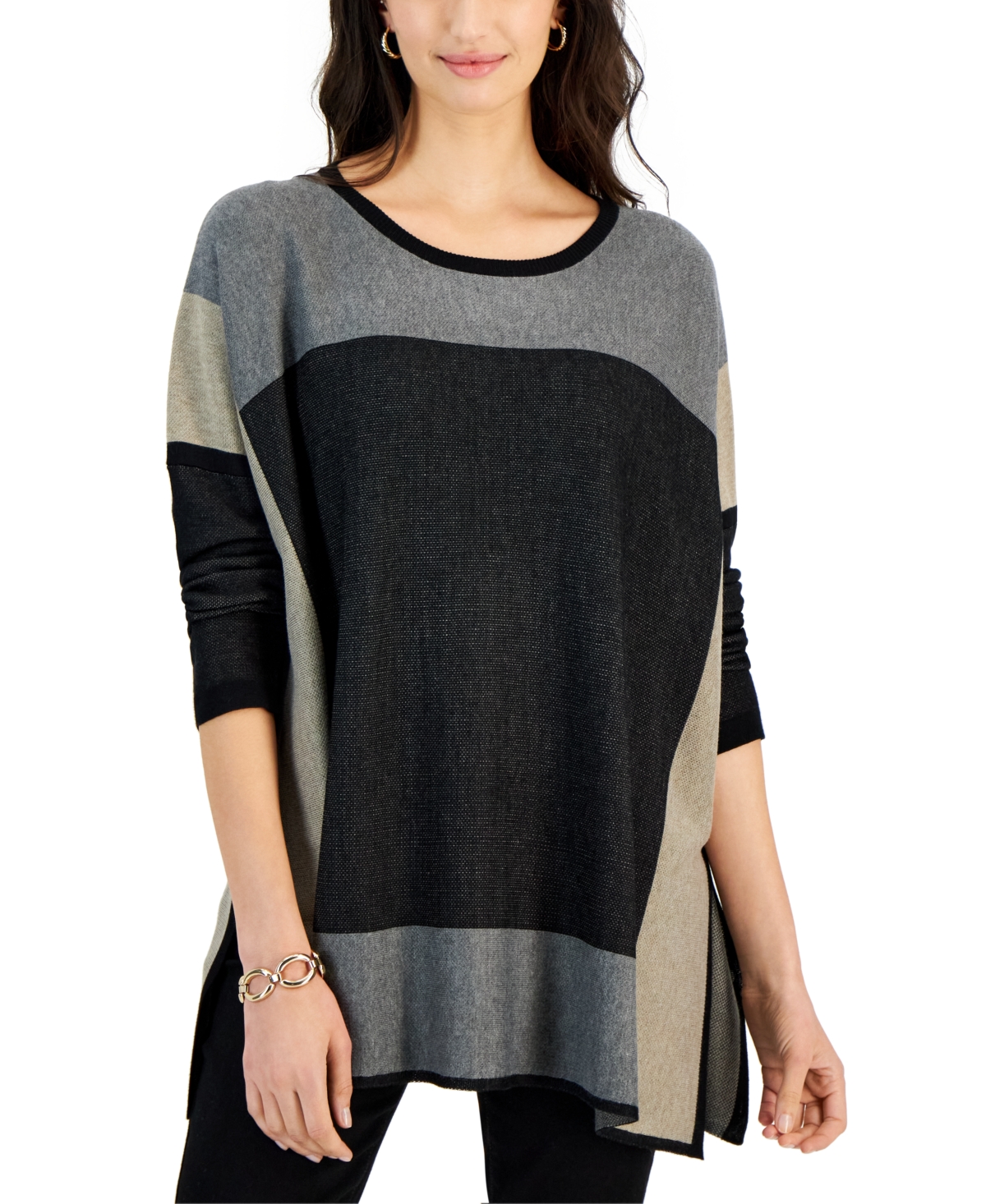 Fever Women's Crewneck Colorblocked Poncho Sweater In Black  Charcoal Grey